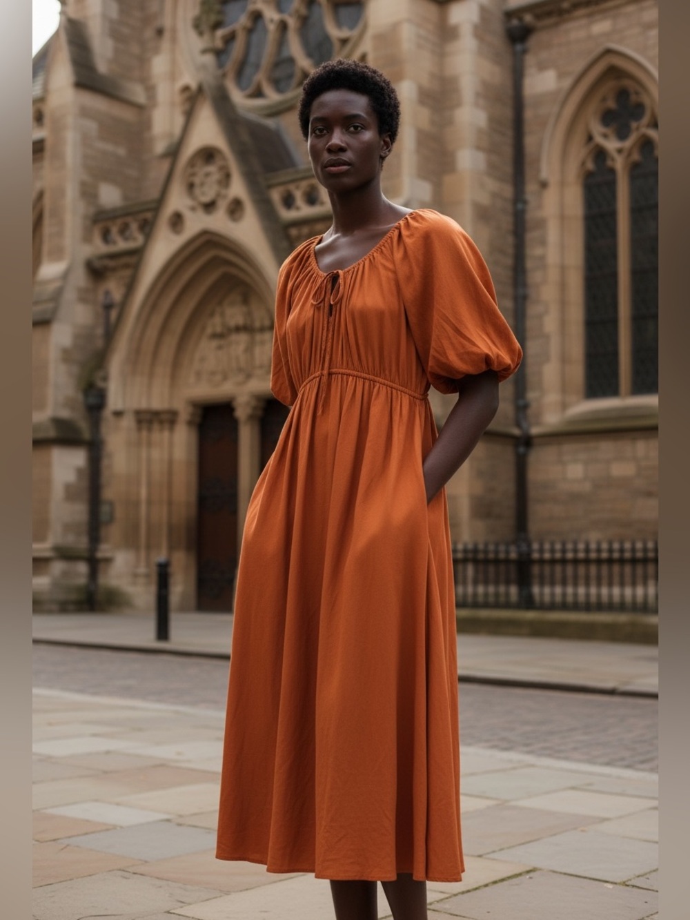A New Day NWT Rust Orange Puff Sleeve Tie Neck Midi Dress XL